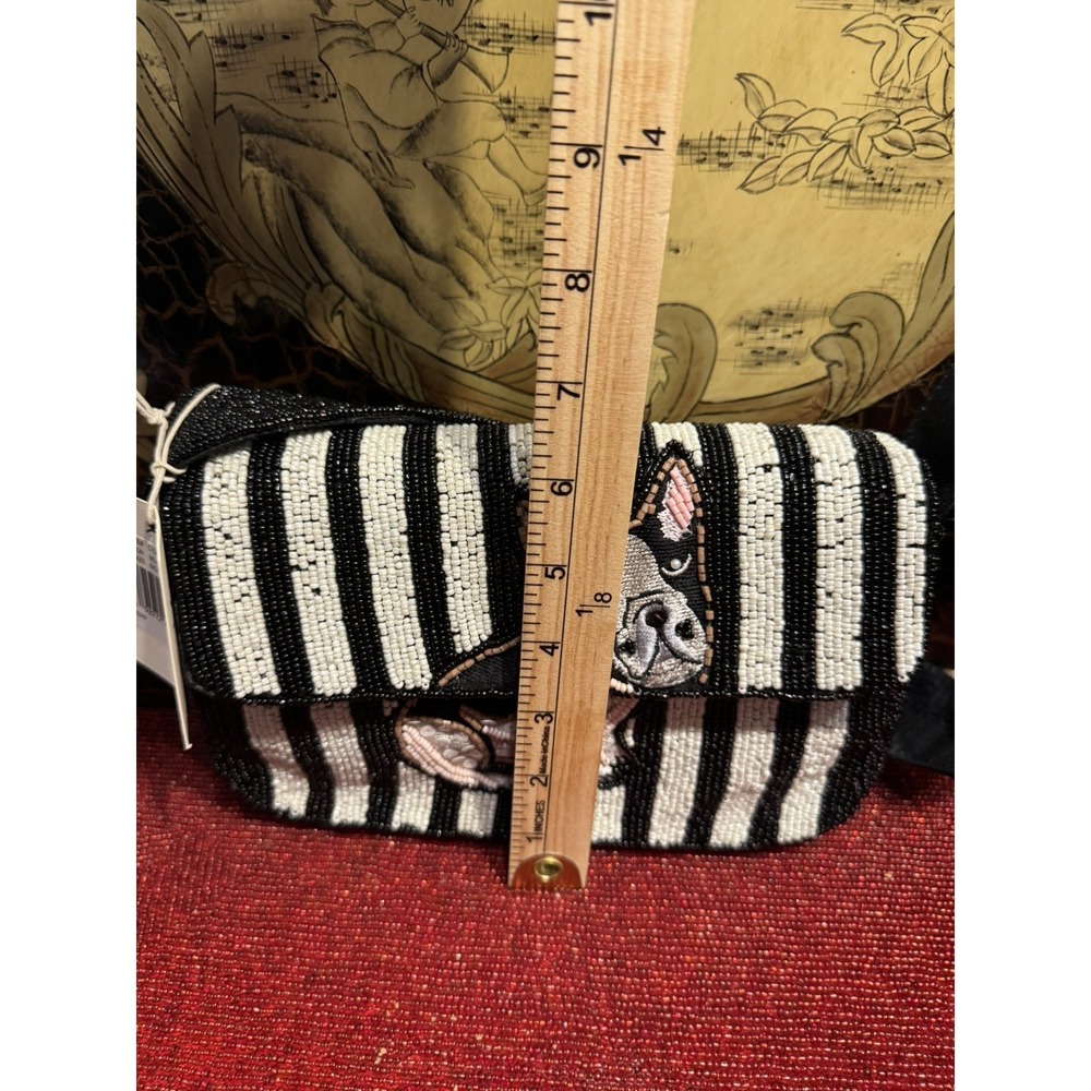 Sol & Mer French Bulldog Beaded Bag NWT Black White Striped Shoulder Purse Viral - Picture 10 of 11